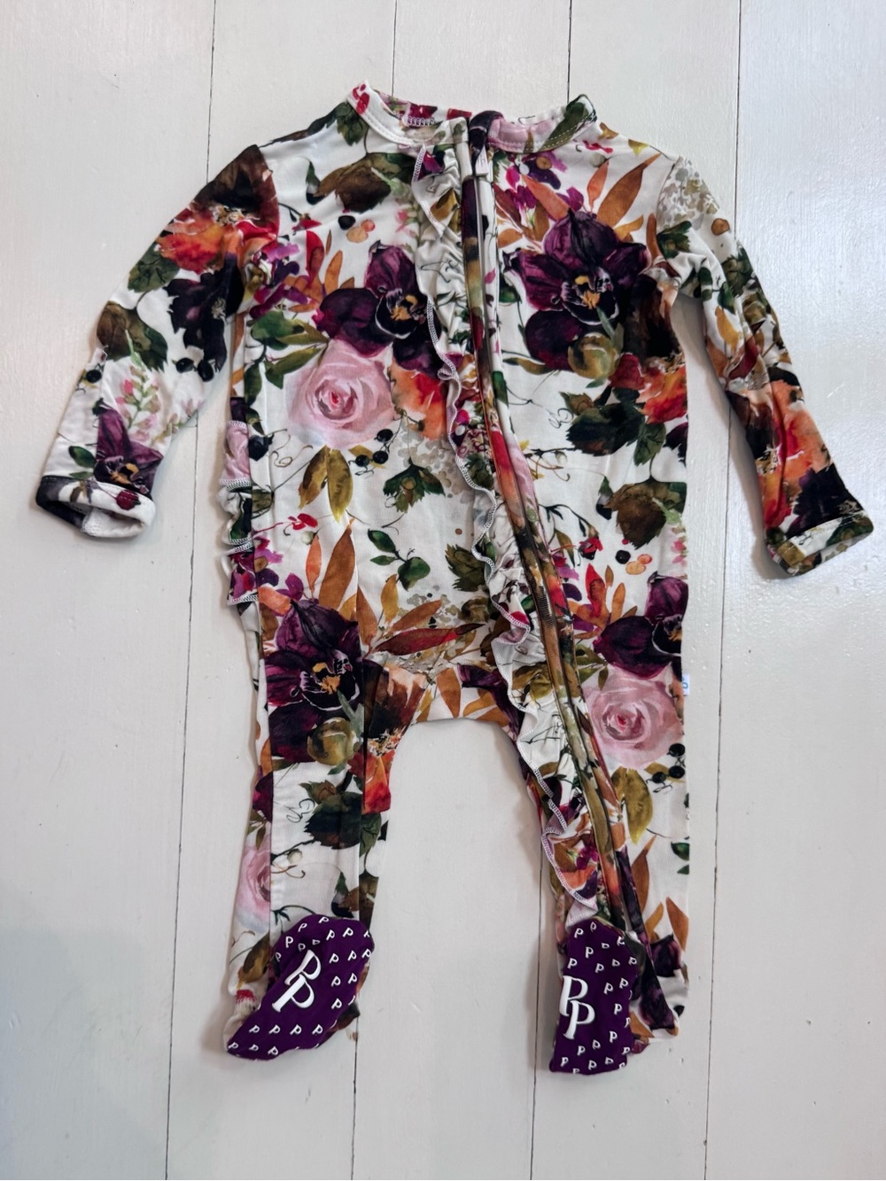 Posh Peanut Floral Footed One-Piece in White, Purple, Pink